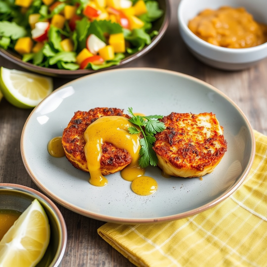 Røde chili-krustede sjøkreps med mangotortillasalat og sitrusvinaigrette
