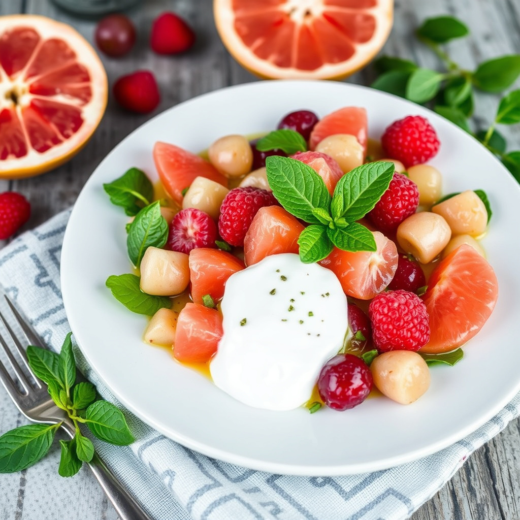 Rødfarget grapefrukt, drue, bringebær og olivensalat med myntet yoghurt