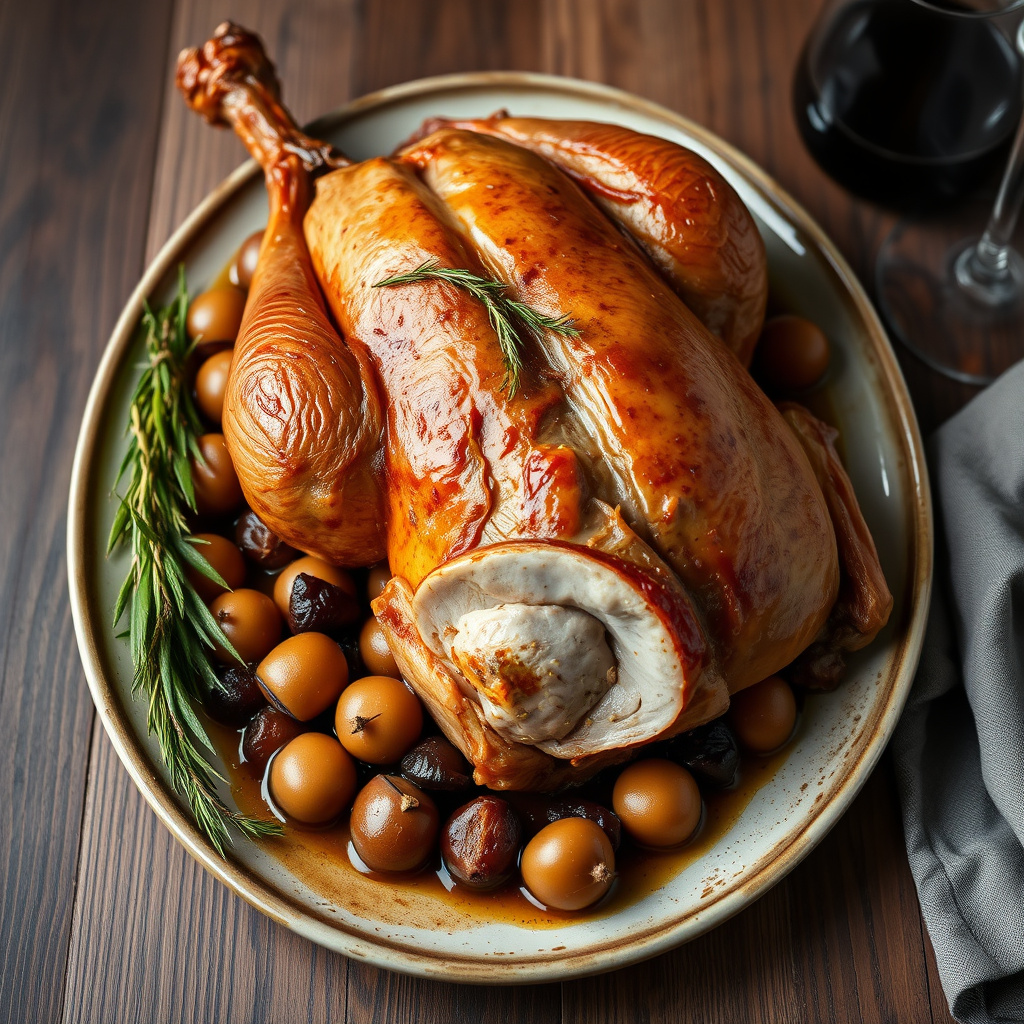 Helstekt gås med svisker, kastanjer og armagnac