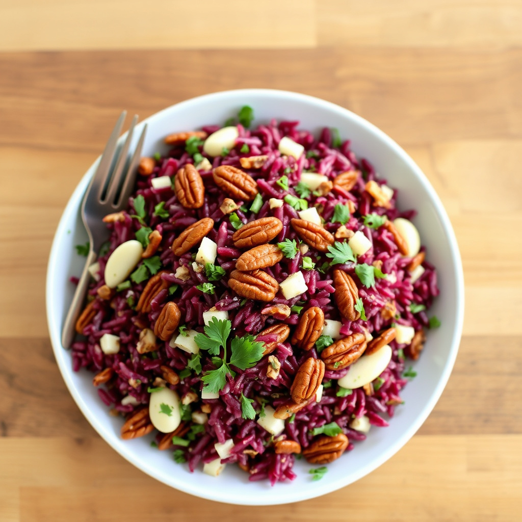 Rødris-salat med pekannøtter, fennikel og urter