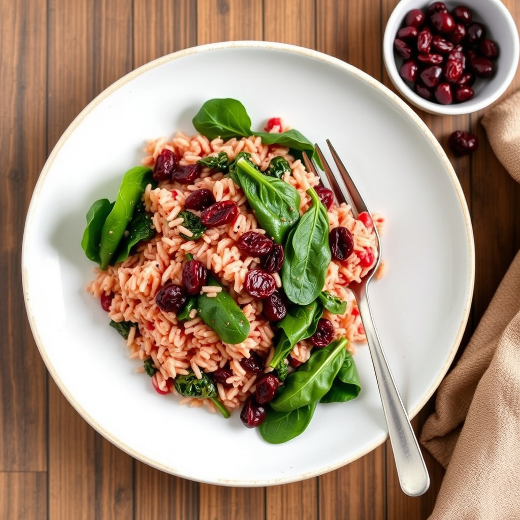 Rød ris med spinat og tørkede kirsebær