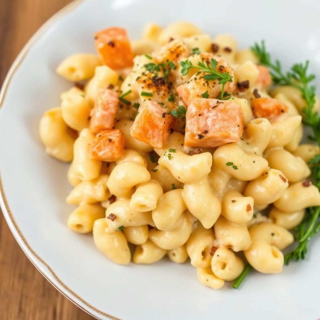 Røkelaks med makaroni og ost