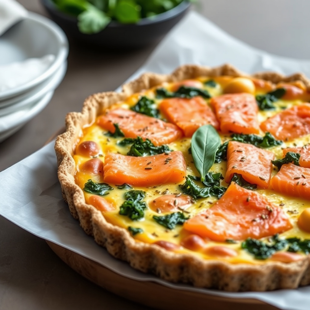 Røkelaksquiche med grønnkål og basilikum, med sesamfrøbunn