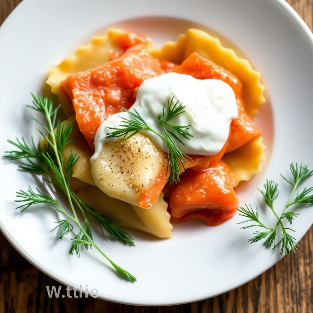 Røkelaksravioli med rømme og dill