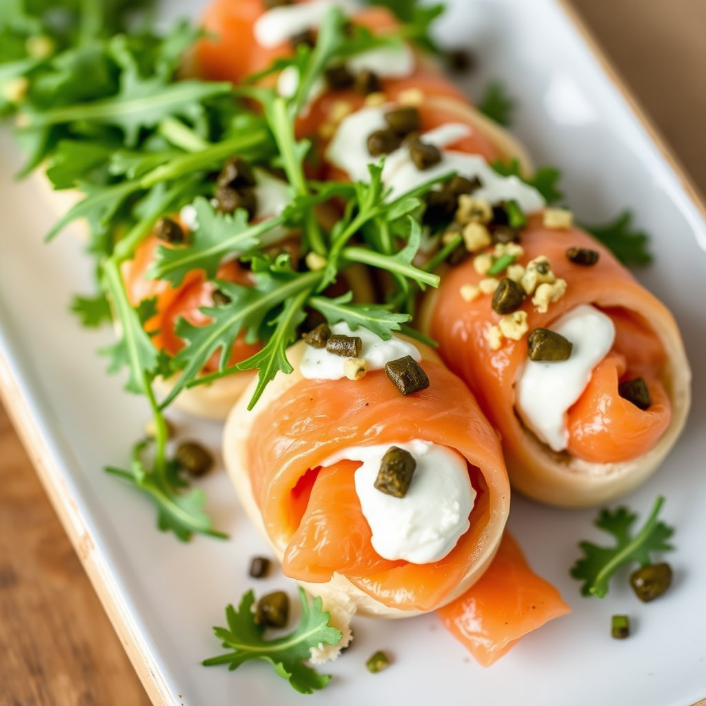 Røkelaksruller med ruccola, mascarpone, gressløk og kapers