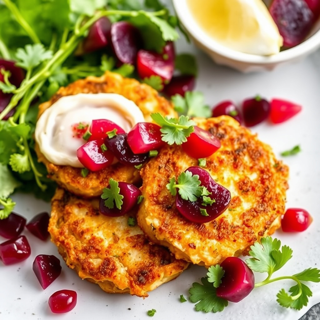Røkt fiskefritters med rødbetvinaigrette