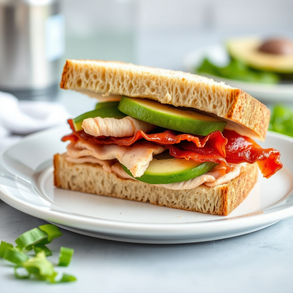 Røkt kalkun, avokado og bacon-sandwich