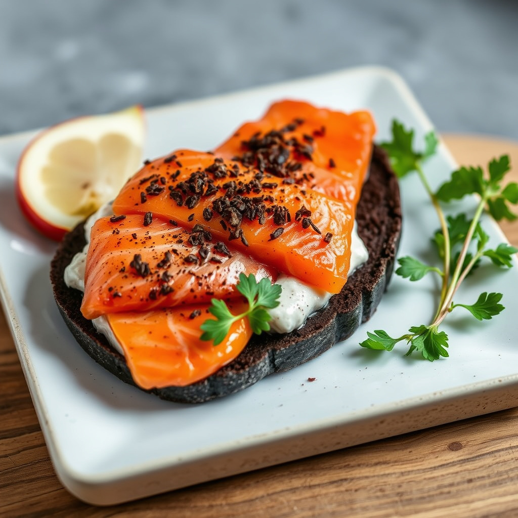 Røkt laks med eple- og pepperrotkrem og svart brød