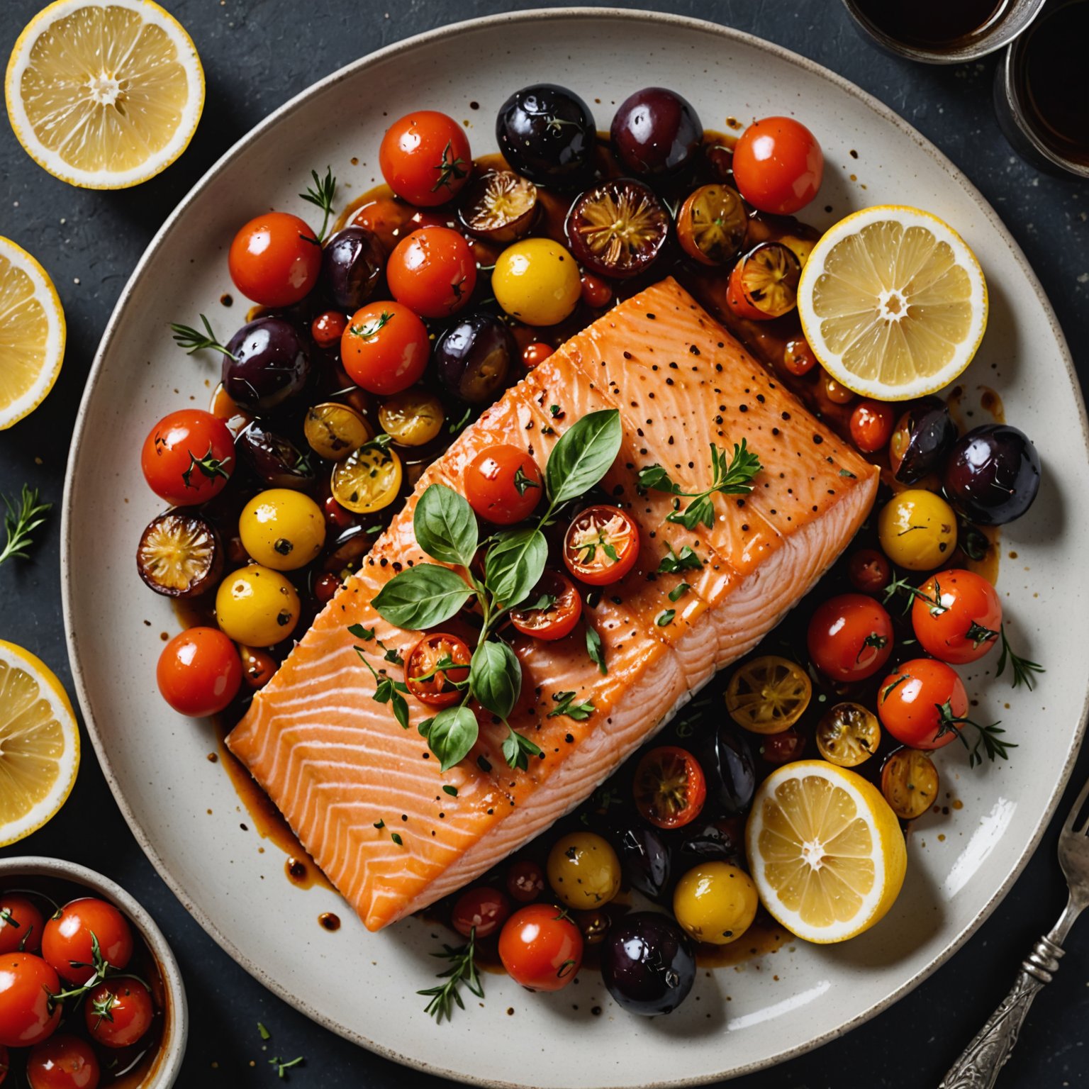Røkt laks servert med ovnsbakte plommetomater og karamelliserte sitronskiver
