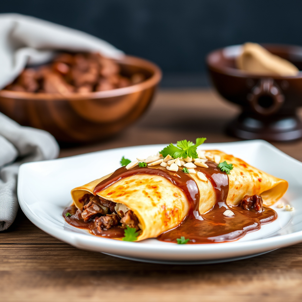 Røkt lam og geitost-enchilada med mandel-molesaus