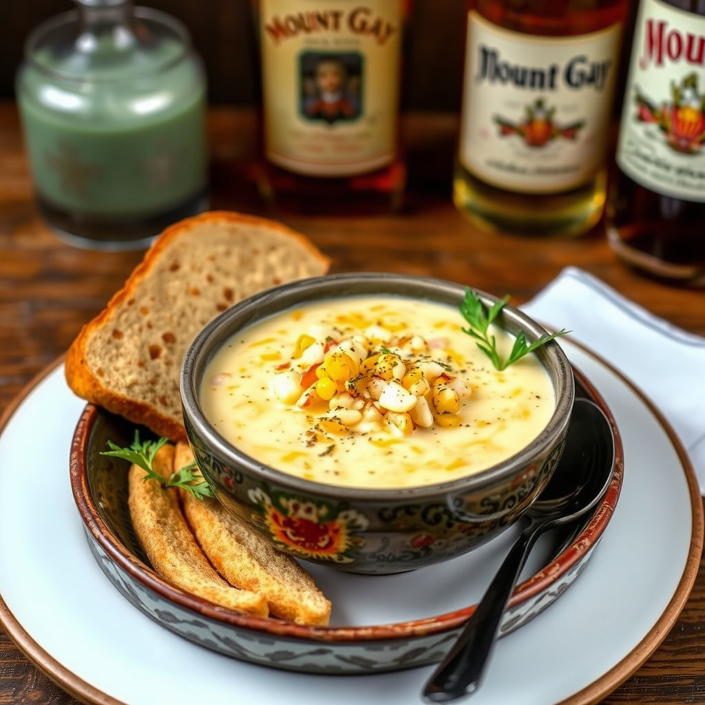 Røkt mais- og krabbesuppe med Mount Gay-rom