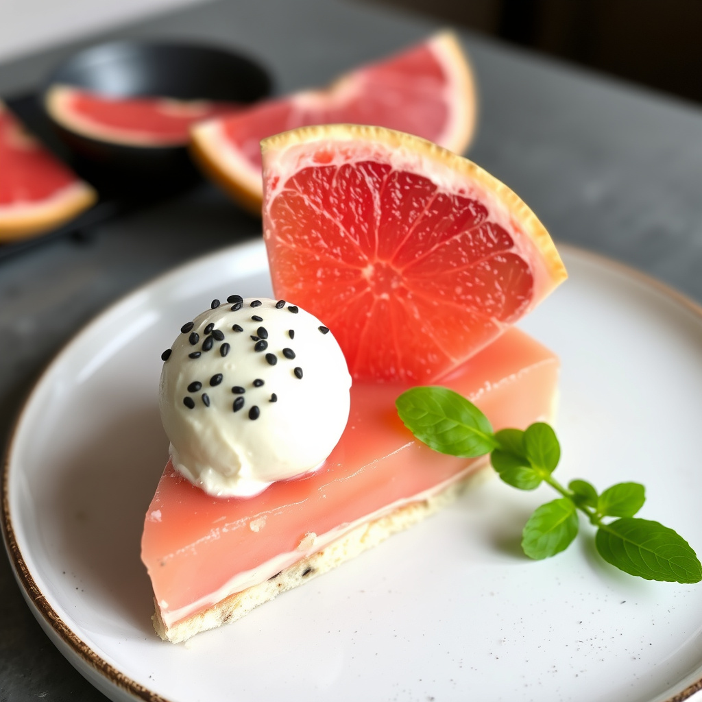 Rosa grapefruktterte med edamame-is og svarte sesamfrø