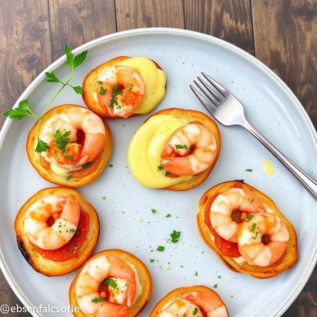 Rosa reker på crostini, bouillabaisse-relish og safran-aioli