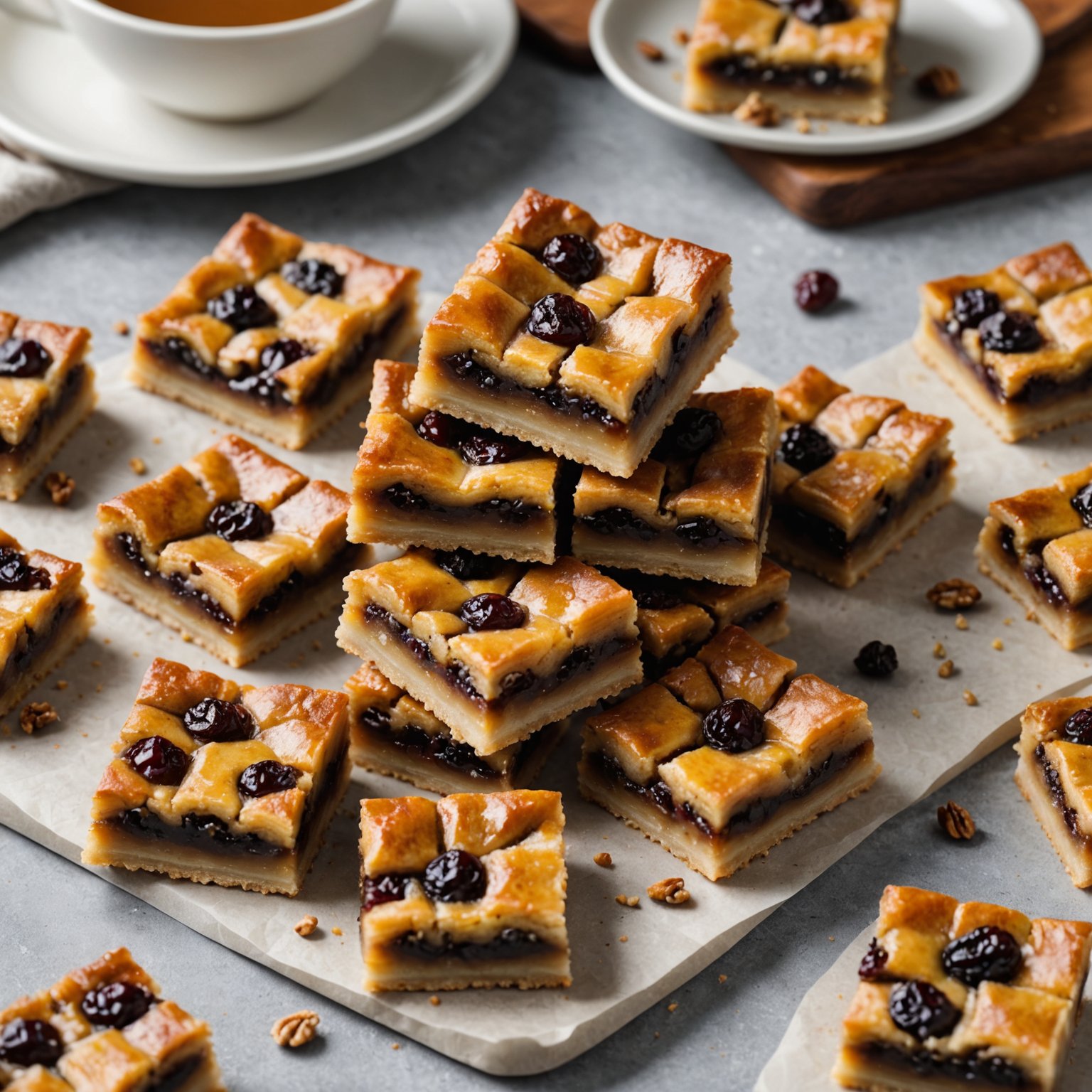 Rosin- og valnøttsmørterte i firkanter