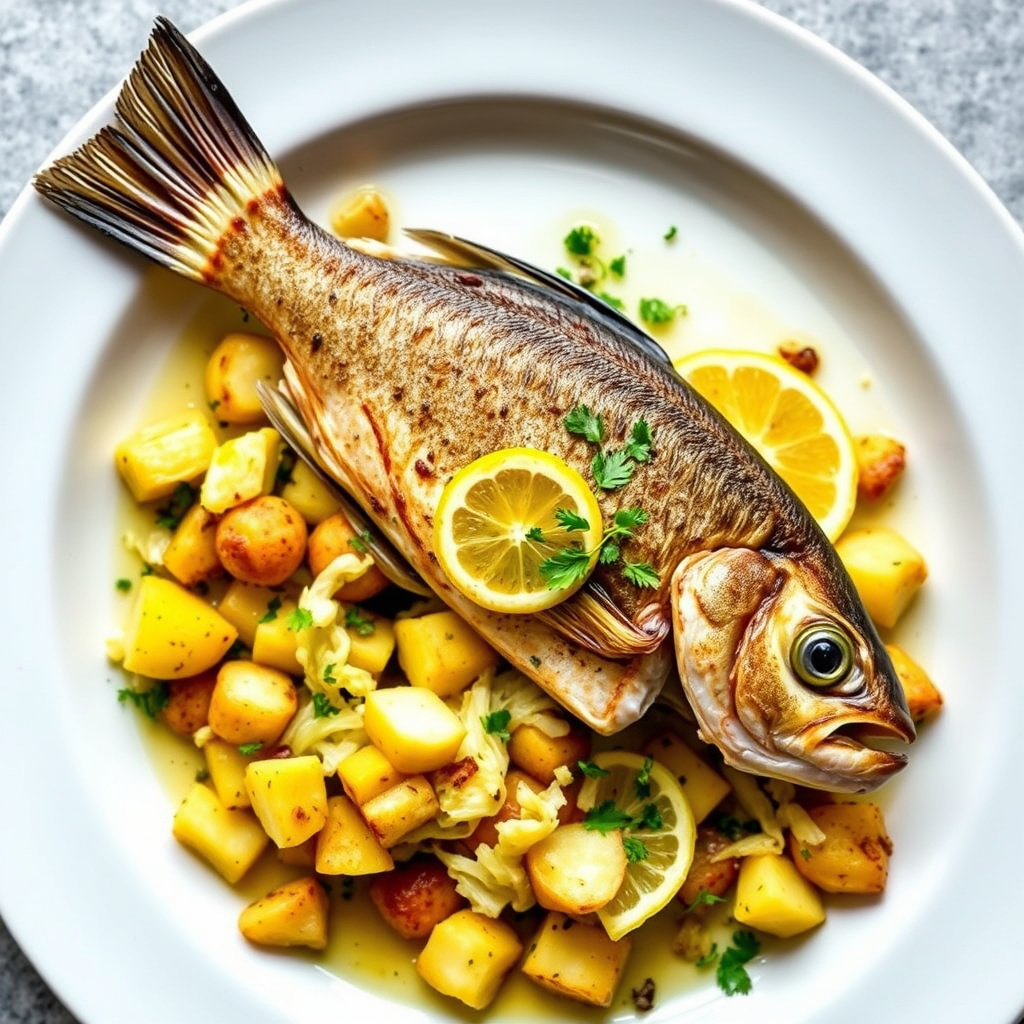 Røst hel fisk og fennikel med knuste poteter, syltet sitron og charmoula