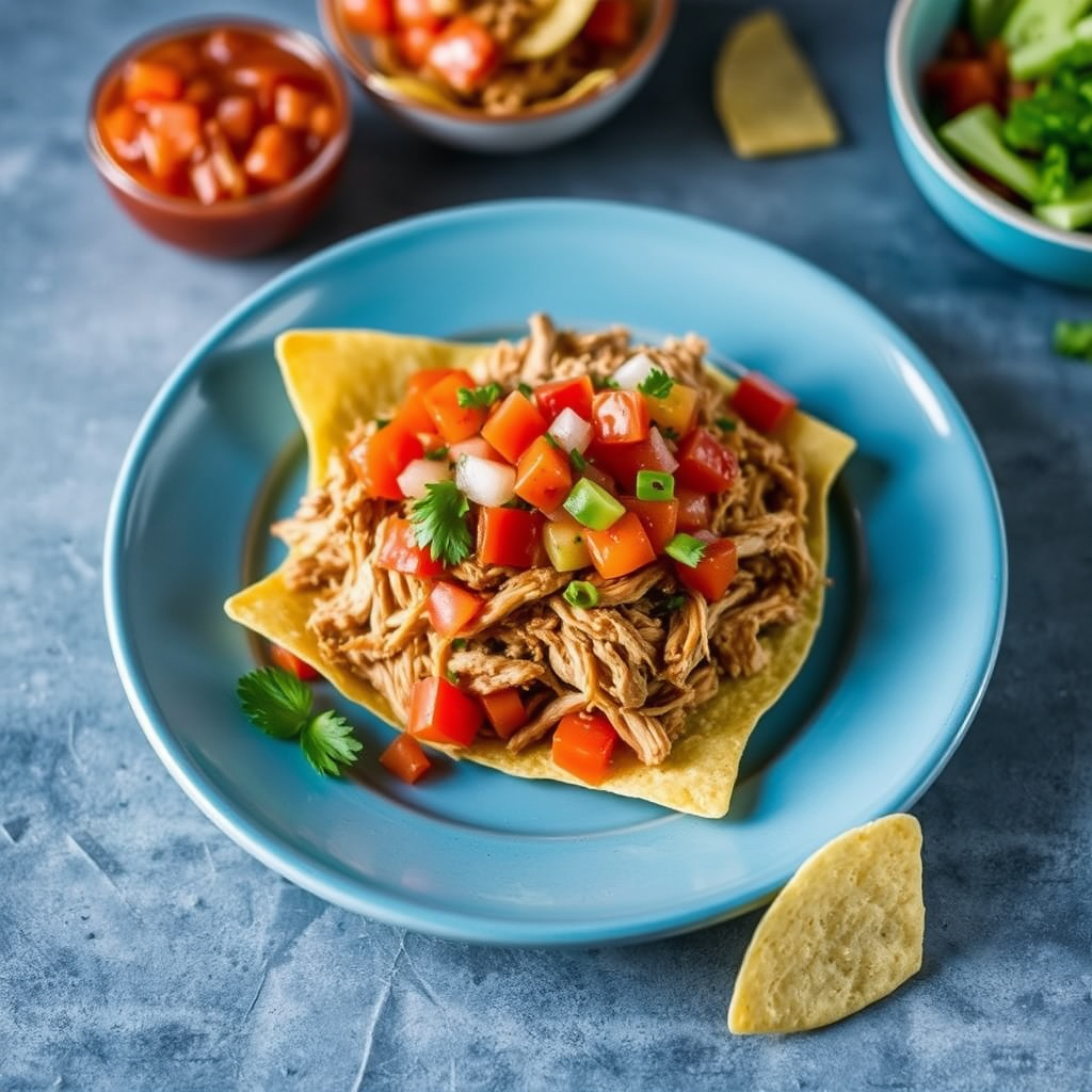 Røst svinekjøtt med tomatsalsa på tortillachips