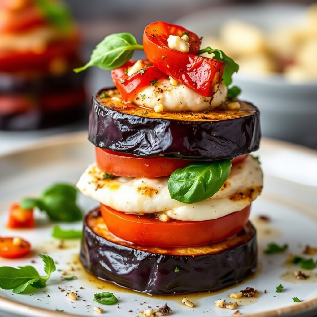 Røstede aubergine- og tomatstabler