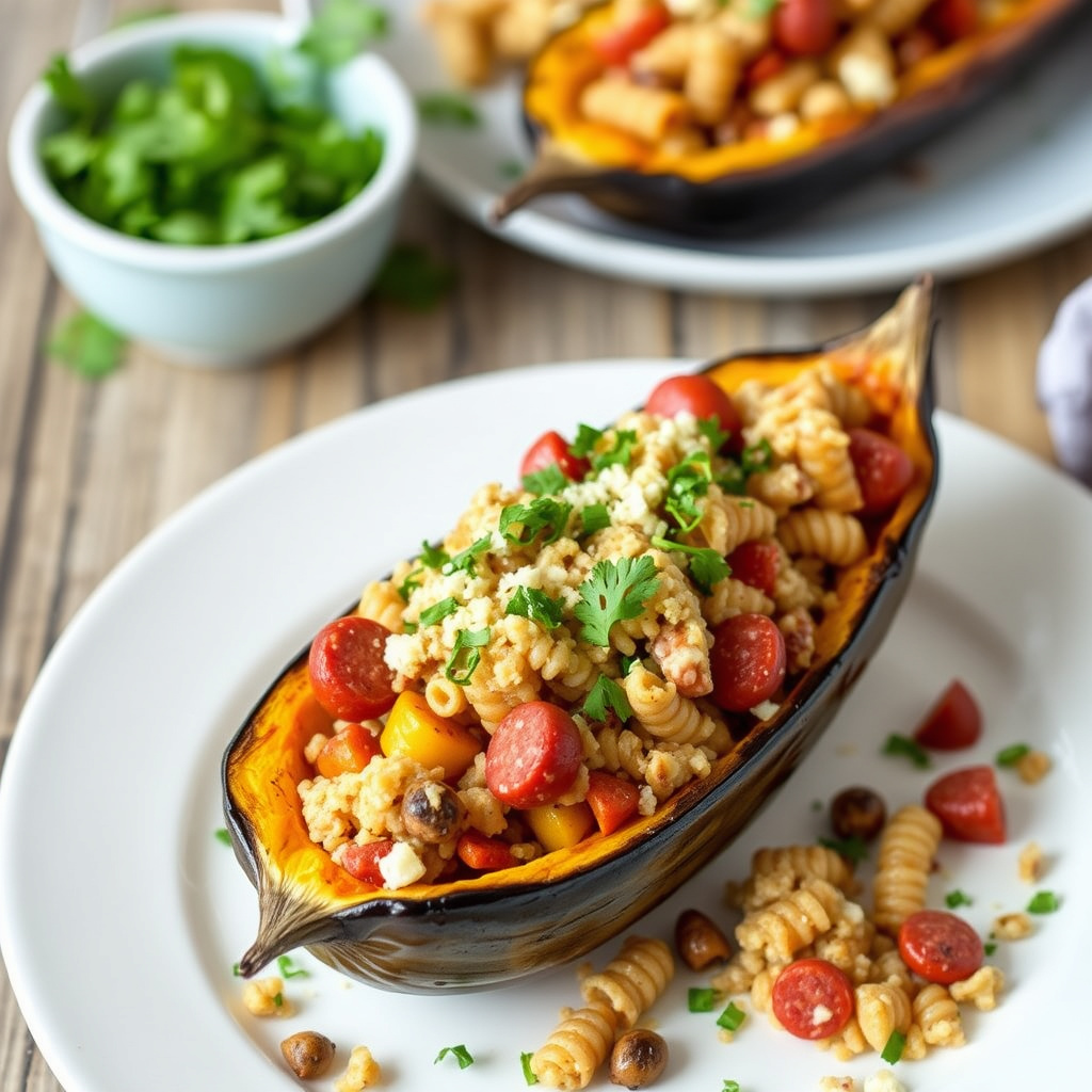 Fylt butternut squash med pølse, pasta og ris