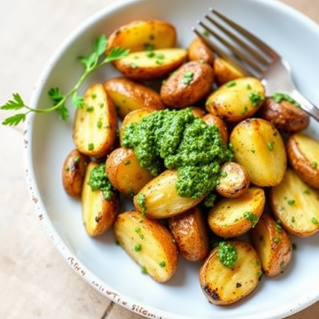 Røstede fingerling-poteter med gressløkpesto