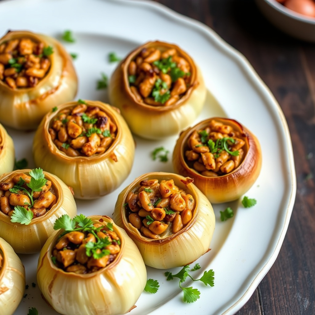 Fylte ovnsbakte løk med bacon og spinat