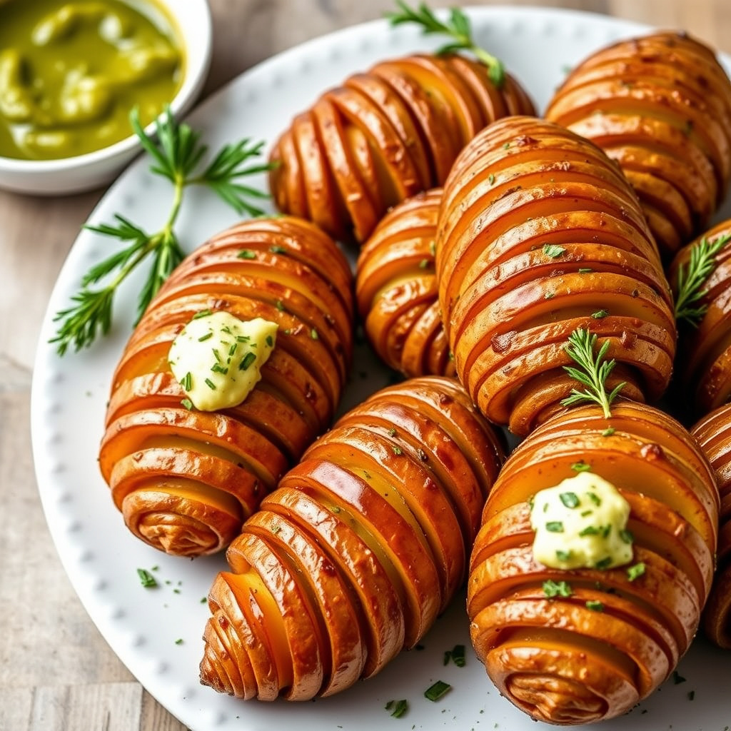 Røstede hasselbackpoteter med urtesmør
