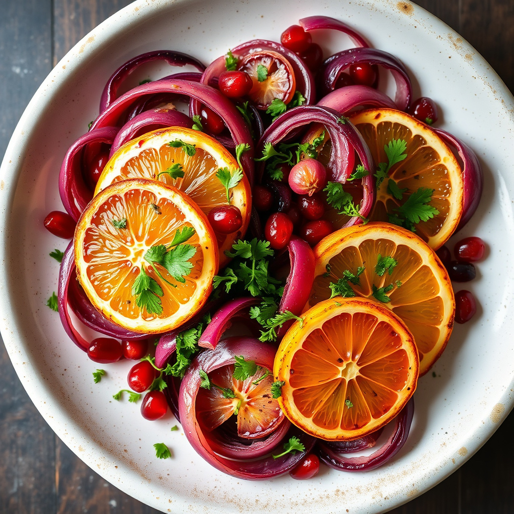 Røstede rødløk med granateple, appelsin og persillegremolata