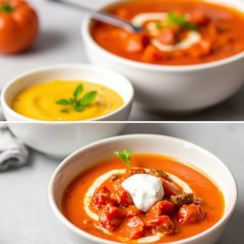Røstet gul peppersuppe og røstet tomatsuppe med Serrano-krem