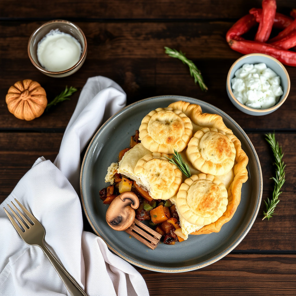 Rotgrønnsaks- og sopptærte med rosmarinskjørbunn