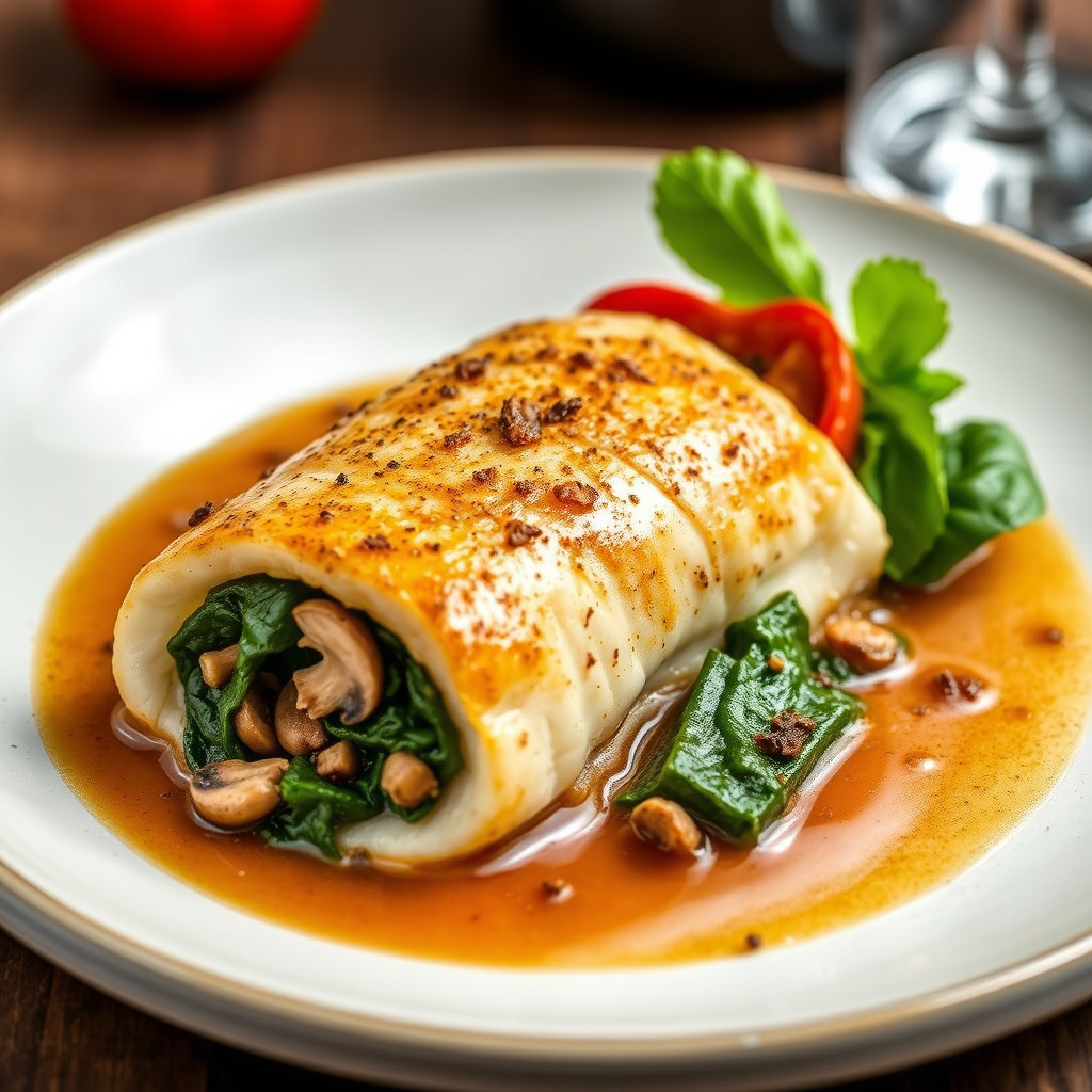 Roulader av steinbiter fylt med spinat, sopp og ovnsbakt rød paprika