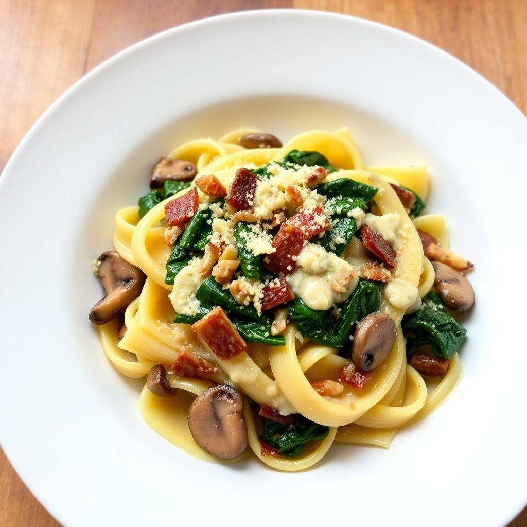 Kremet rigatoni med sopp, spinat og pancetta