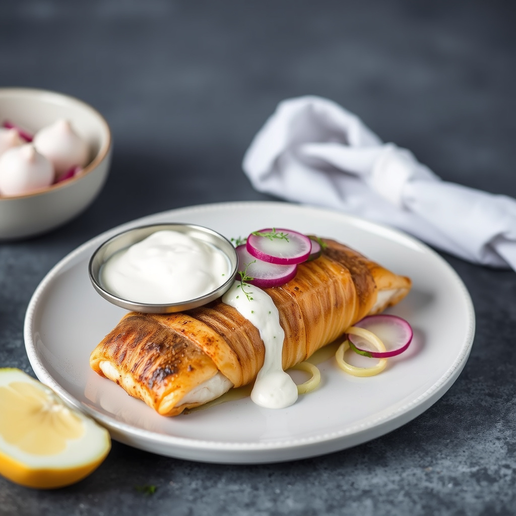 Russetkledd steinbiter med daikon-radiser og pepperrotkrem