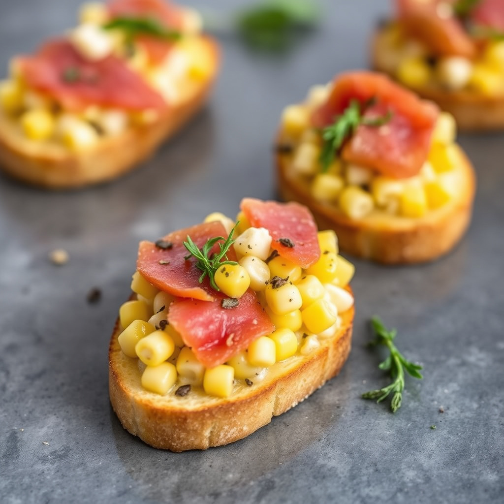 Sage kremet maisbruschetta med prosciutto