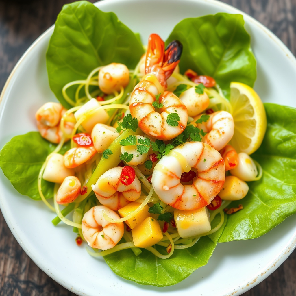 Salat med grønn mango, reke og hummerhale, servert med lime- og chilidressing