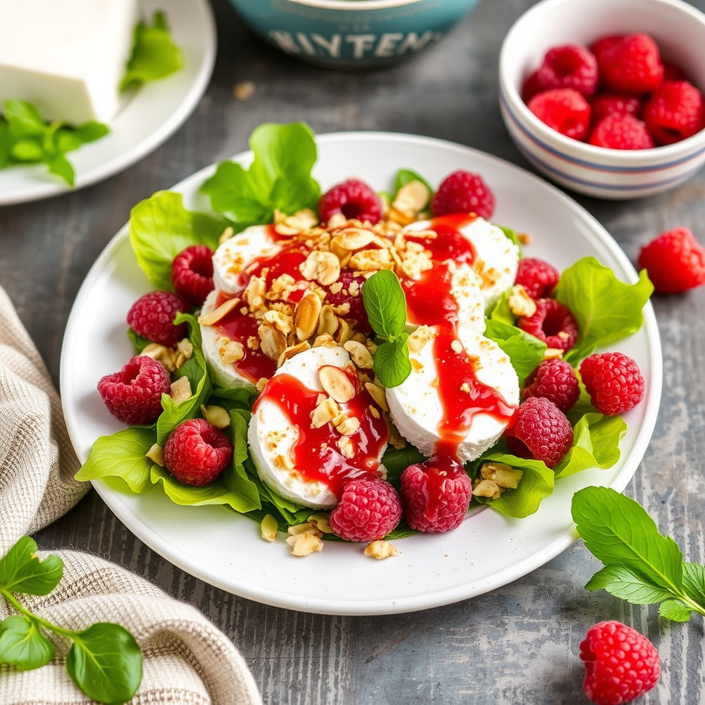 Salat med mandel-krustet geitost og bringebærdressing