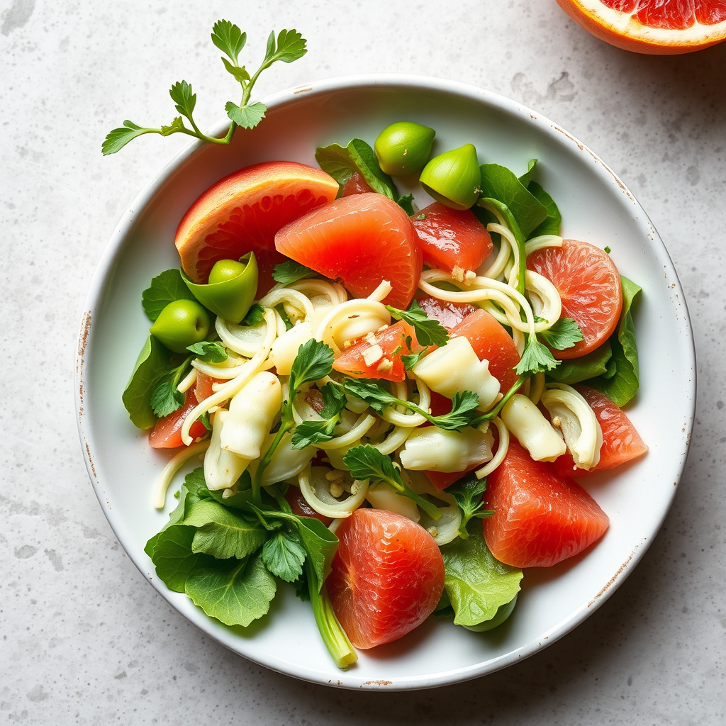 Salat med skivede artisjokker og jordskokker, servert med grapefrukt og chicories
