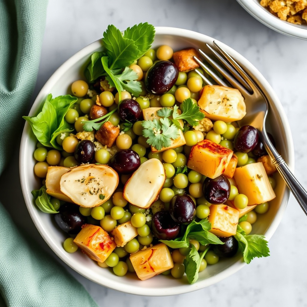 Salat med svarte øyne-bønner, stekte Kalamata-oliven og pastinakk