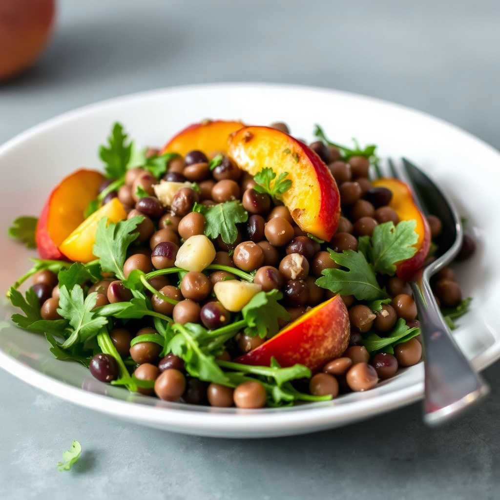 Salat med svarte øyne-bønner, vannkresse og fersken