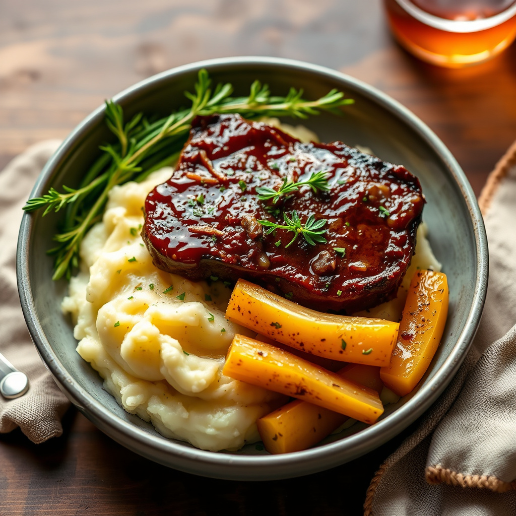 Salisbury steak med potetmos, pastinakk og kresse