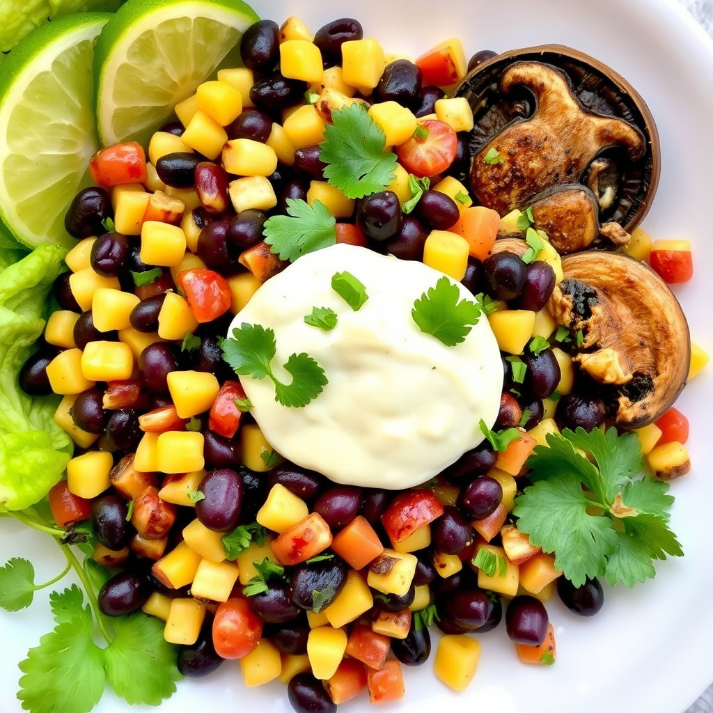 Salsa med svarte bønner, mais og portobellosopp, servert med kylling