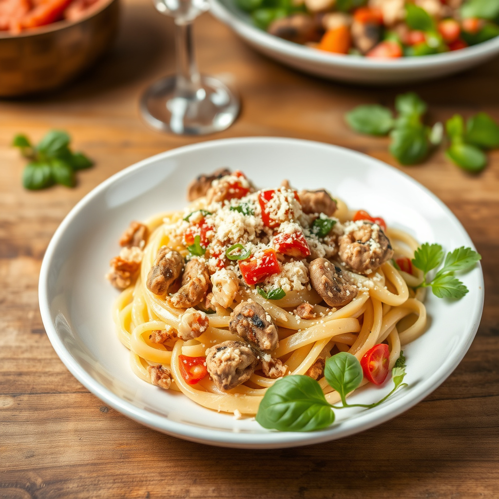 Sardinpasta med sprø brødsmuler og Puttanesca-salat