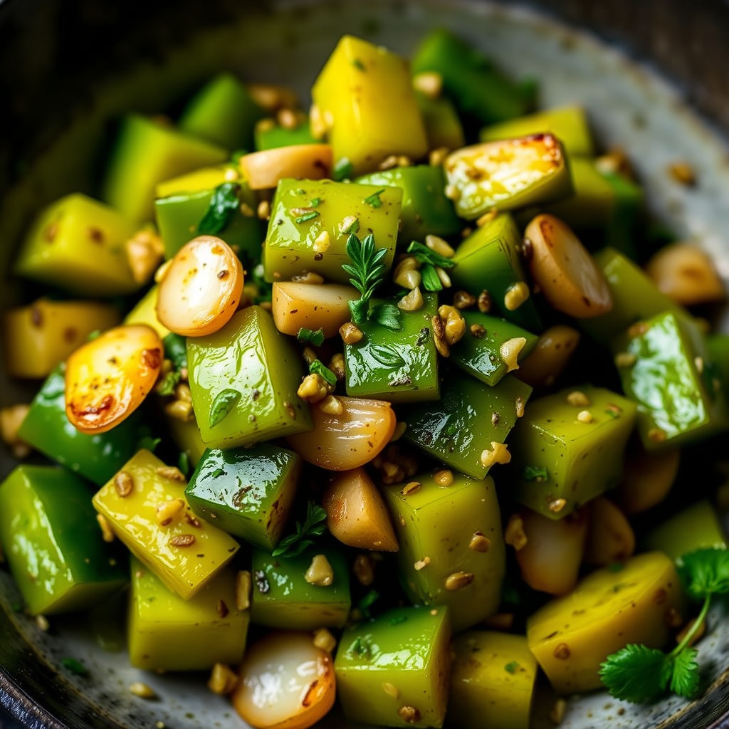 Sautert chayote med hvitløk og urter