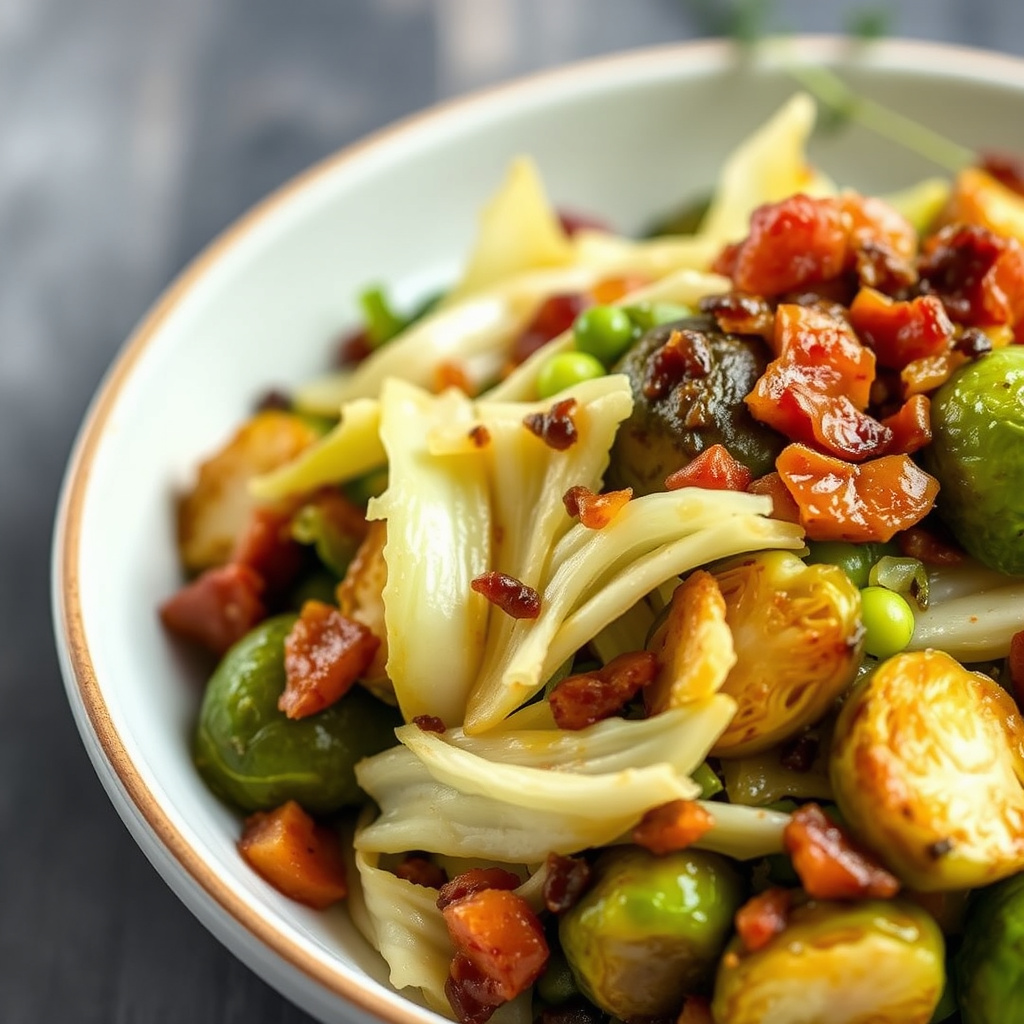 Sautert kål og rosenkål med bacon og karamelliserte sjalottløk