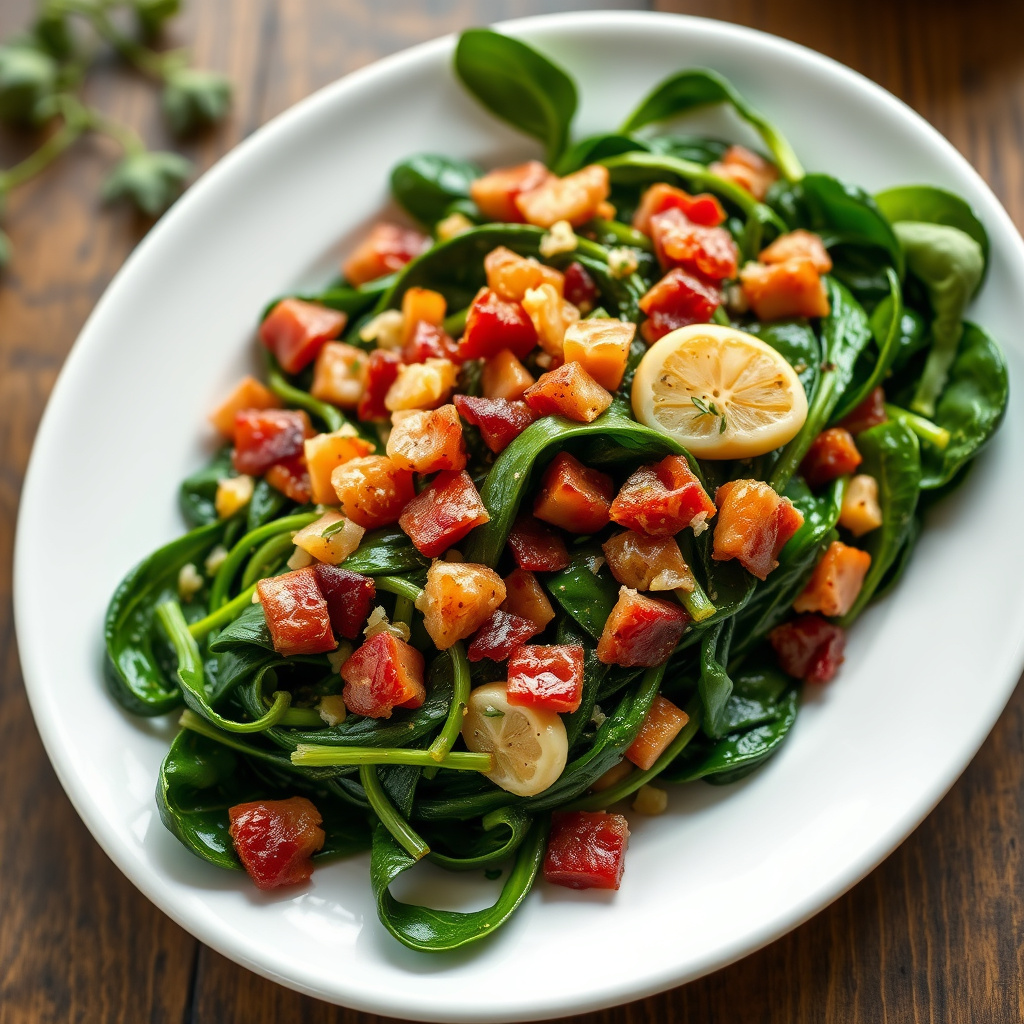 Sautert spinat med bacon, hvitløk og timian