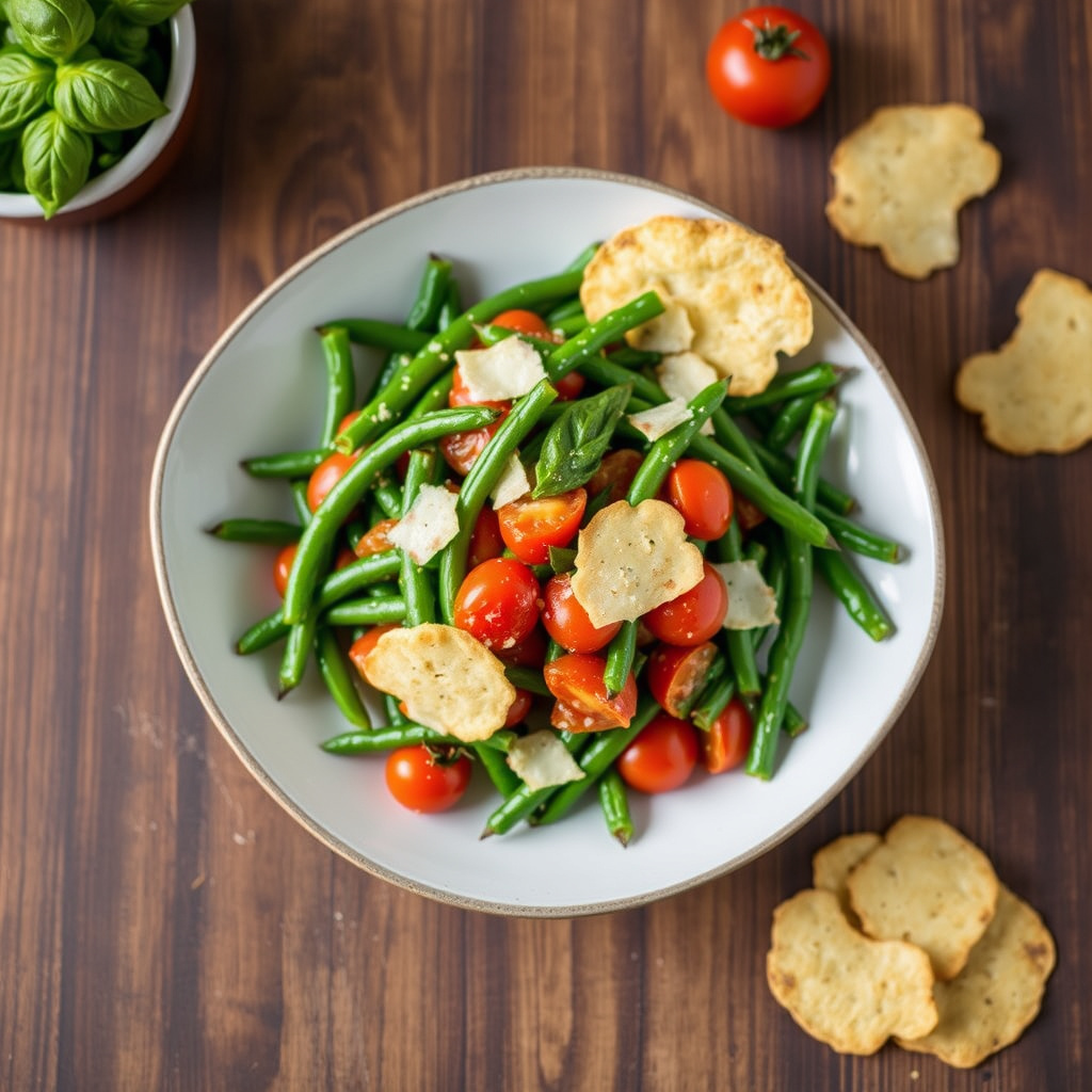 Sauterte grønne bønner med tomater, basilikum og parmesancrisp