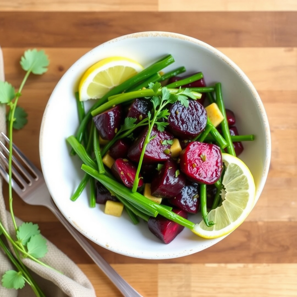 Sauterte små rødbeter med grønne bønner og sitron
