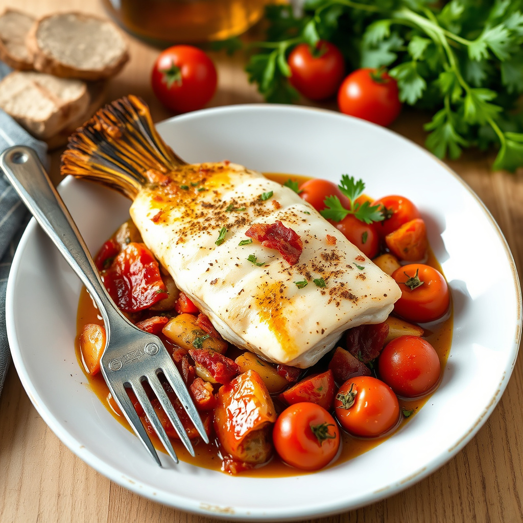 Scrod med tomater, bacon og sherry