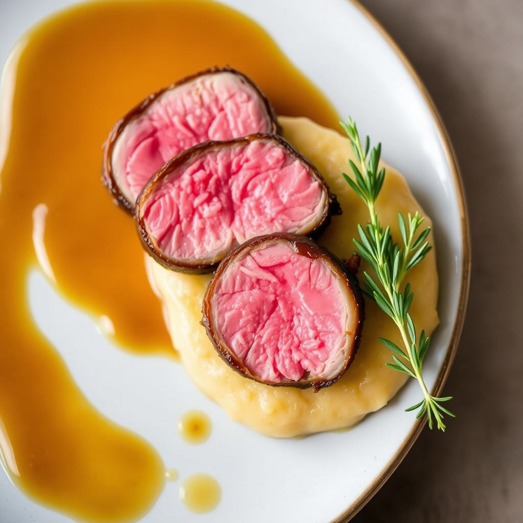 Searsbryst av Moulard-and med kvitensorbet og kvitensaus