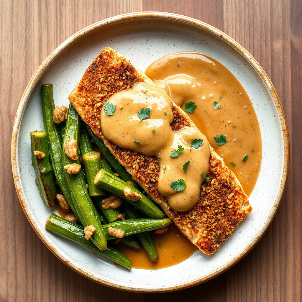 Sesam-krustet katfish med Geechee-peanøttsaus og sautert okra