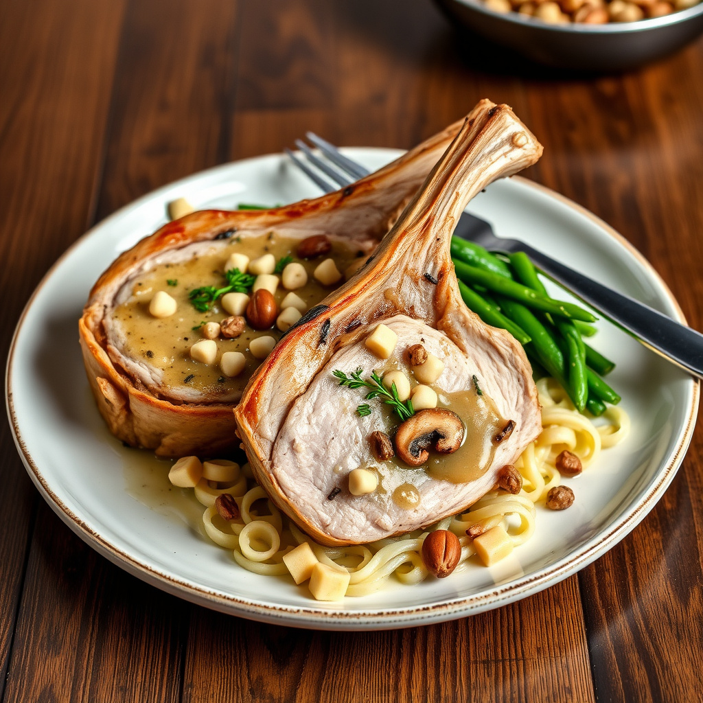 Fylte svinekoteletter med shiitake og macadamianøtter