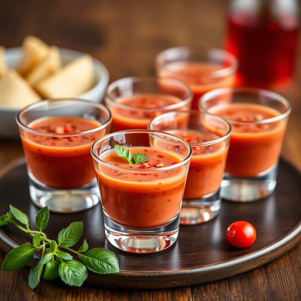 Frisk gazpacho i shotglass
